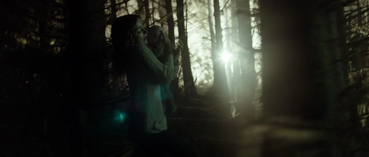 The Hallow (2015) movie still: medium — A dense, dark woodland area with closely packed trees under heavy canopy cover. A young woman in a knit…