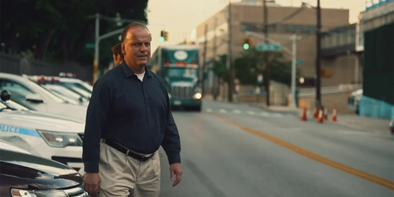 Equal Standard (2021) movie still: medium — A paved urban street features parked police vehicles and a large truck in distance. A middle-aged man in…