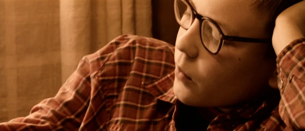 Dancer in the Dark (2000) movie still: closeup — A close-up view shows a boy resting his head against a curtained backdrop. He wears glasses and a…