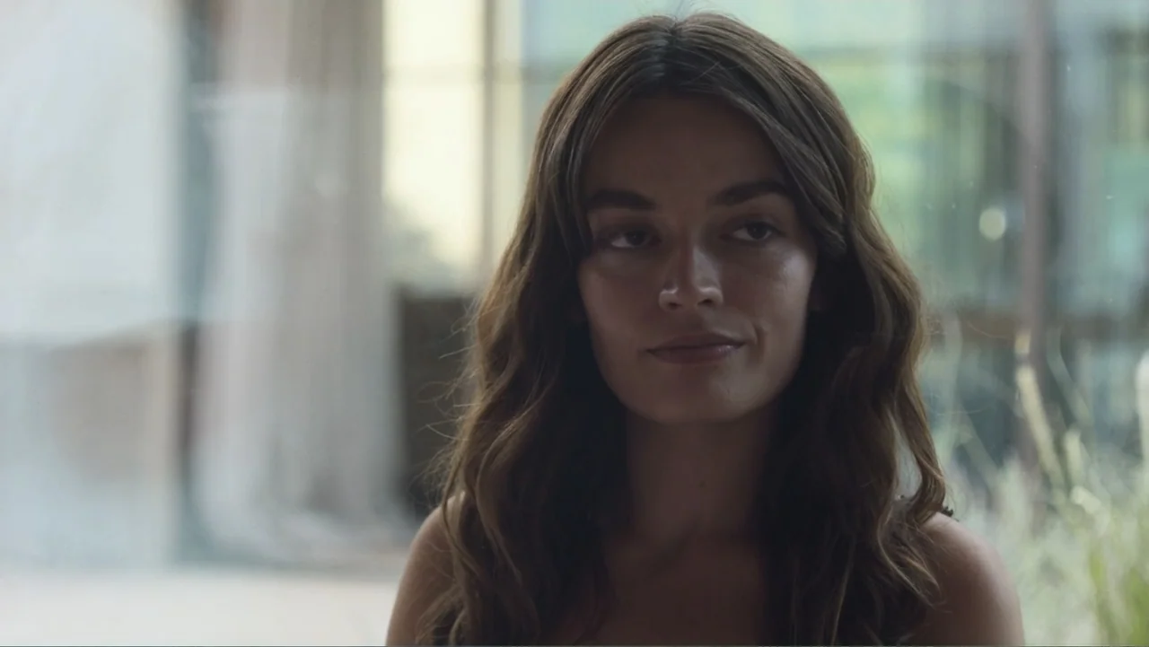Hot Milk (2025) movie still: closeup — A woman stands indoors in front of a glass window reflecting soft ambient light. The woman looks away from…