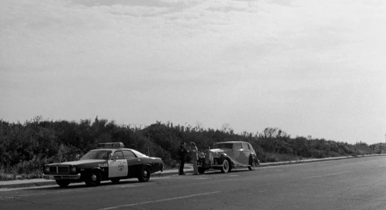 Stardust Memories (1980) movie still: wide — A flat asphalt road stretches past a line of overgrown bushes on a cloudy day. A black-and-white police…