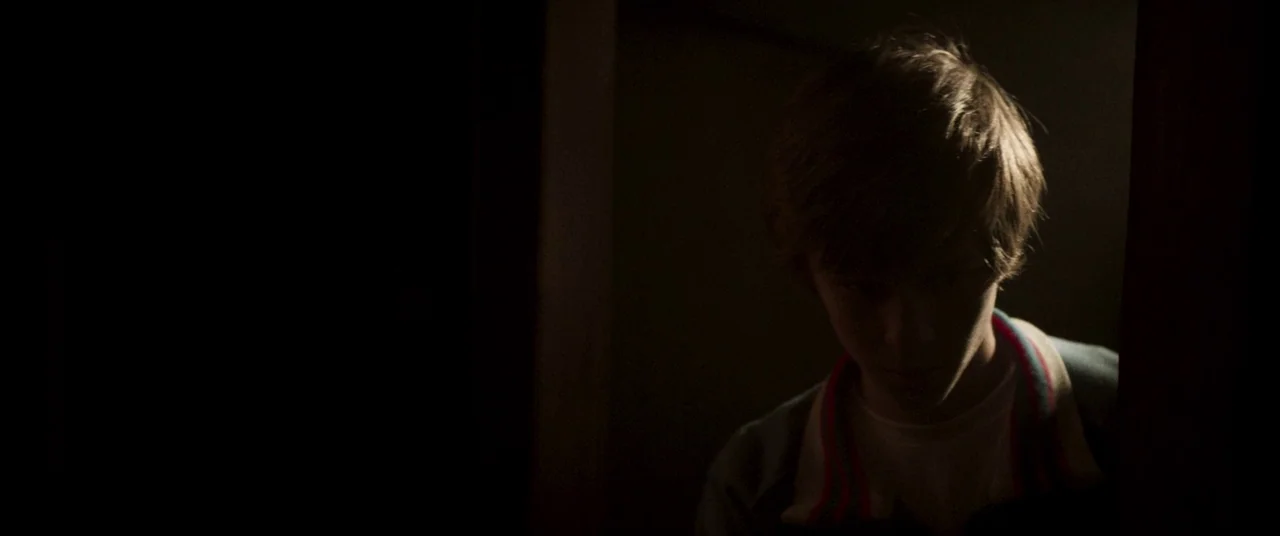 Summer of 84 (2018) movie still: closeup — A dark, cramped interior space frames a young person appearing in a doorway. The person looks forward…