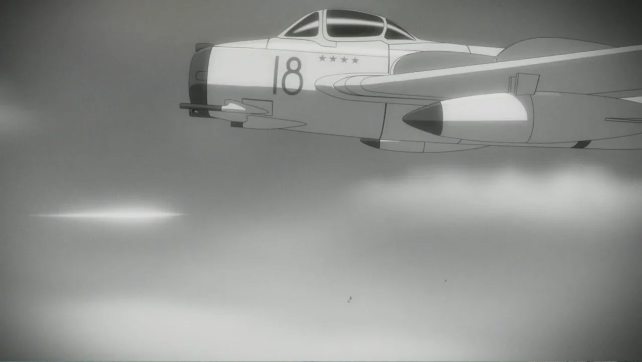 Superman: Red Son (2020) movie still: medium — A fighter jet flies across a cloudy, grey sky. The aircraft has the number 18 painted on the fuselage.