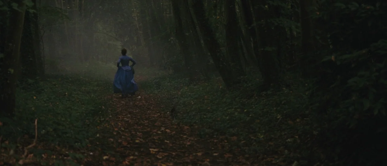 Madame Bovary movie still: wide — A dark, dense forest features a narrow dirt path covered in fallen leaves. A woman wearing a long blue dress runs…