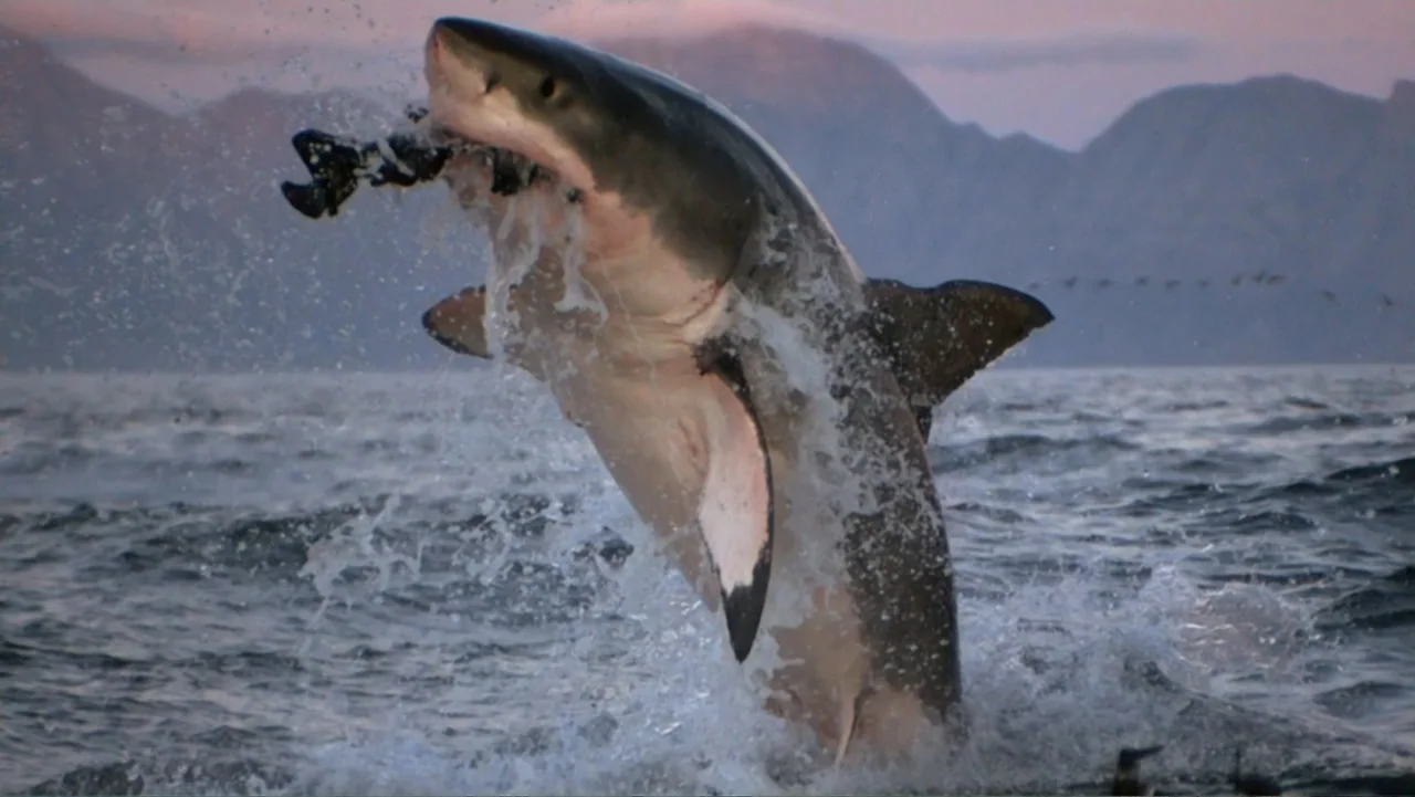 Shark Week: Off the Hook (2023) movie still: fullbody — A great white shark breaches the ocean surface against a backdrop of distant mountains. The…