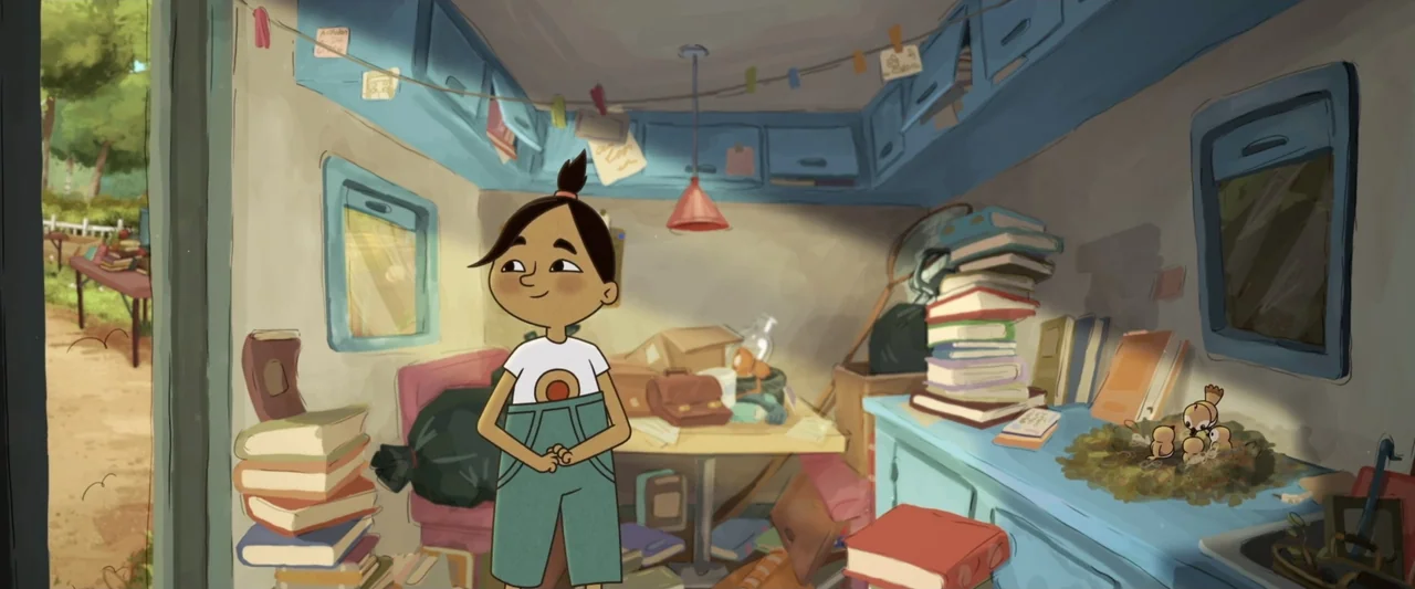 The Ape Star (2021) movie still: medium — A cluttered interior of a small camper van contains piles of books and boxes. A young girl stands near the…