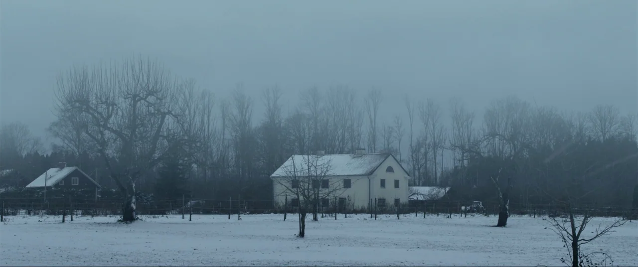 The Girl With The Dragon Tattoo (2011) movie still: wide — A snow-covered field sits before a large house and a line of bare trees. A thin mist…