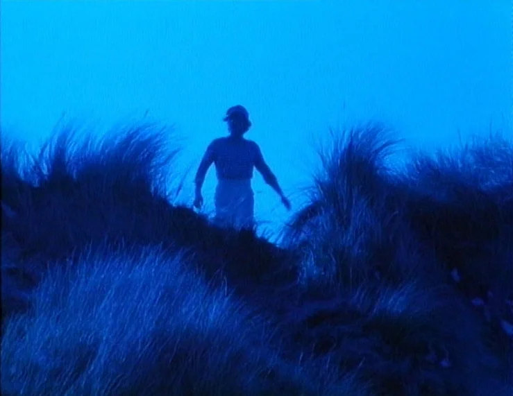 The Tempest (1979) movie still: medium — Coastal dunes feature thick patches of tall, dark grass under a clear night sky. A lone figure stands in…