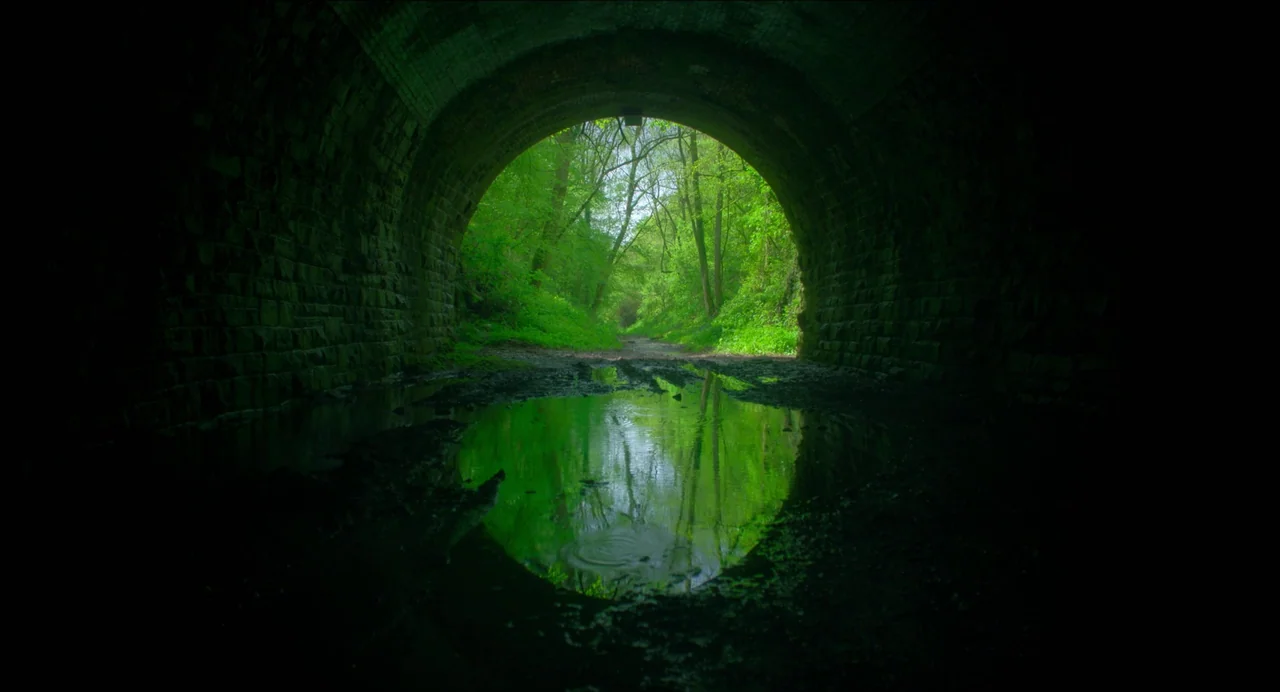Men (2022) movie still: establishing — A stone-walled tunnel interior leads to a bright, lush green woodland path outside. A large, still puddle on…