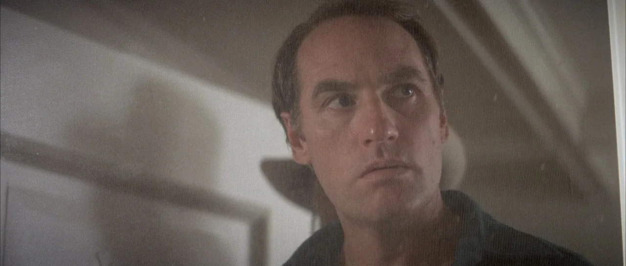 Poltergeist II: The Other Side (1986) movie still: closeup — A man stands behind a window screen inside a residential building. He looks off-screen…