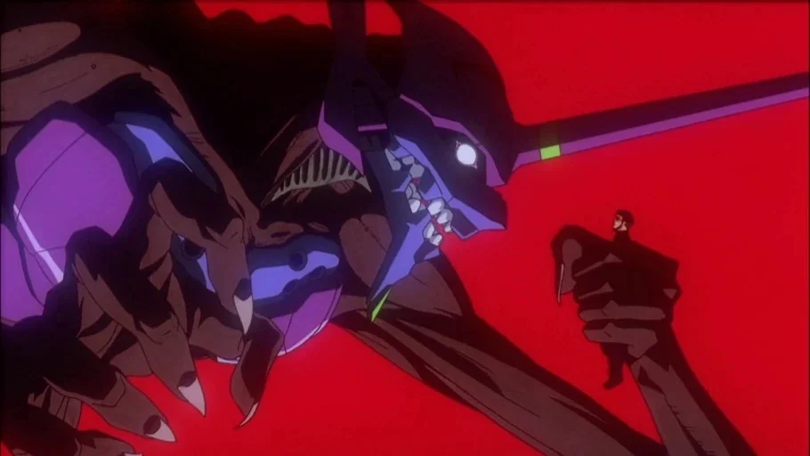 Neon Genesis Evangelion (1995) movie still: medium — A gigantic purple mecha stands against a solid, flat red backdrop. The mecha holds a small man…