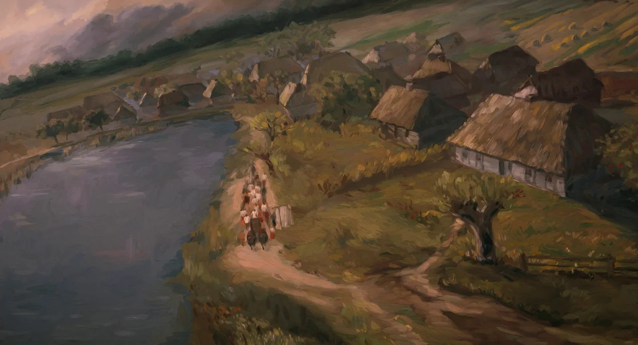 The Peasants (2023) movie still: establishing — An oil-painted style animation shows a cluster of thatched-roof cottages beside a river. Small…