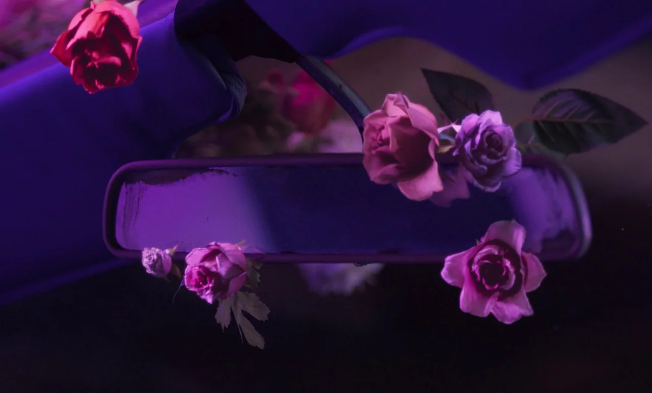The Silent Twins (2022) movie still: closeup — The interior of a car features silk flowers attached to the rearview mirror. Deep purple lighting…