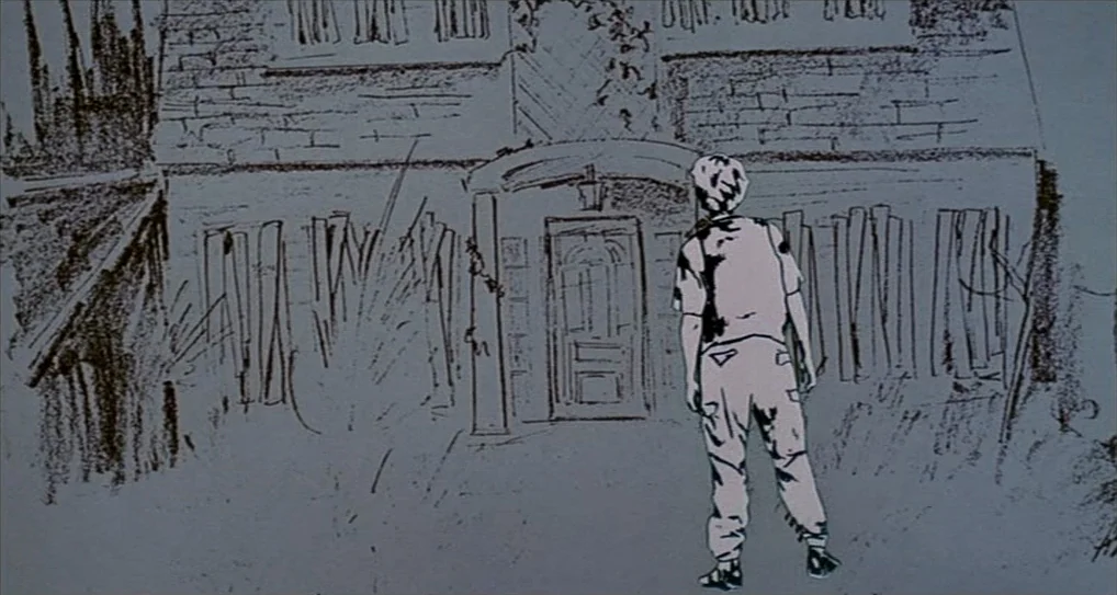 A Nightmare On Elm Street 5: The Dream Child (1989) movie still: fullbody — A hand-drawn charcoal sketch shows a two-story house with multiple…