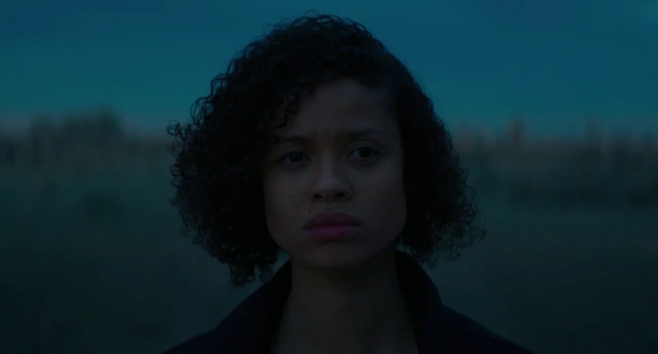 Fast Color (2018) movie still: closeup — A woman stands in a dark, indistinct outdoor area against a twilight sky. She is looking directly toward…