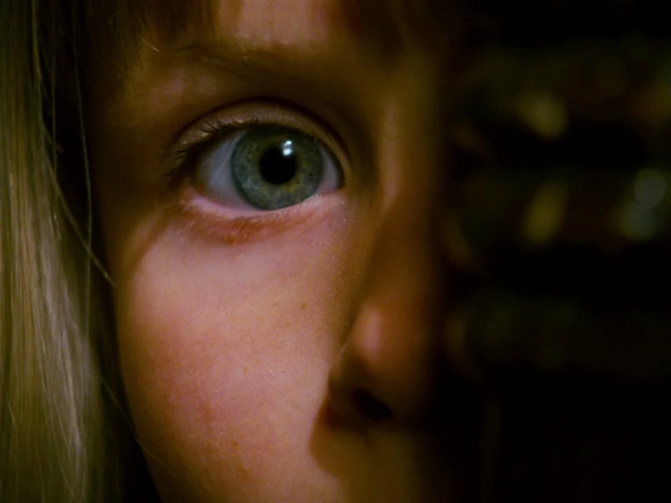 Alice (1988) movie still: closeup — A dark, dimly lit environment obscures most of the space behind the subject. A child stares forward with one…