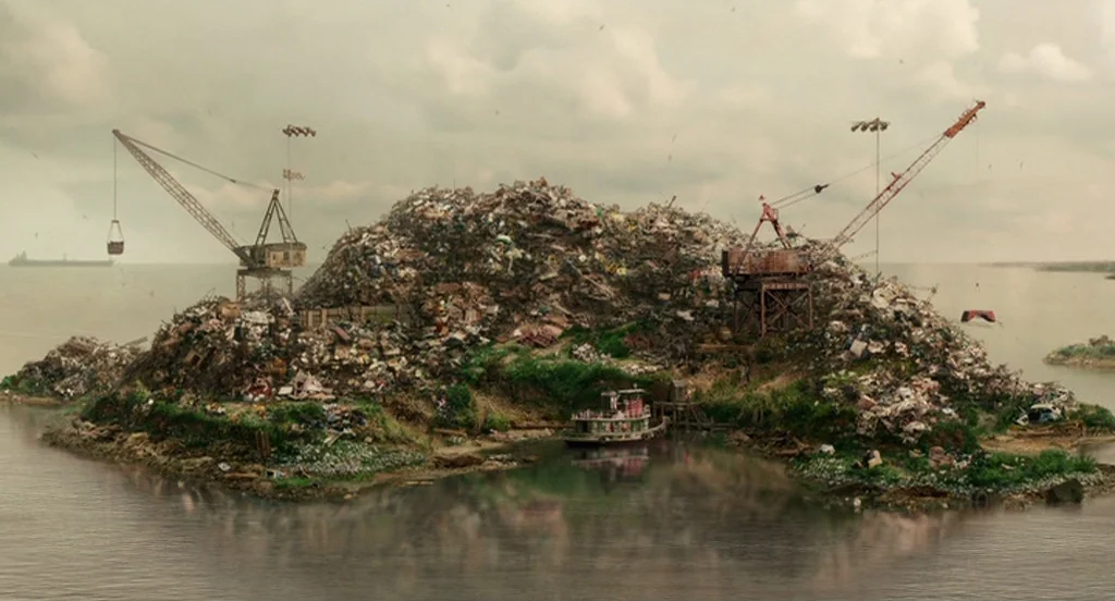 The Ladykillers (2004) movie still: establishing — A man-made island composed entirely of refuse sits in the center of the water. Two large rusty…