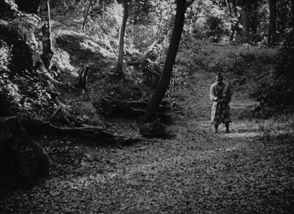 Rashomon (1950) movie still: wide — A dense forest path with thick tree trunks and a scattered leaf floor. A man wearing a kimono stands alone on…