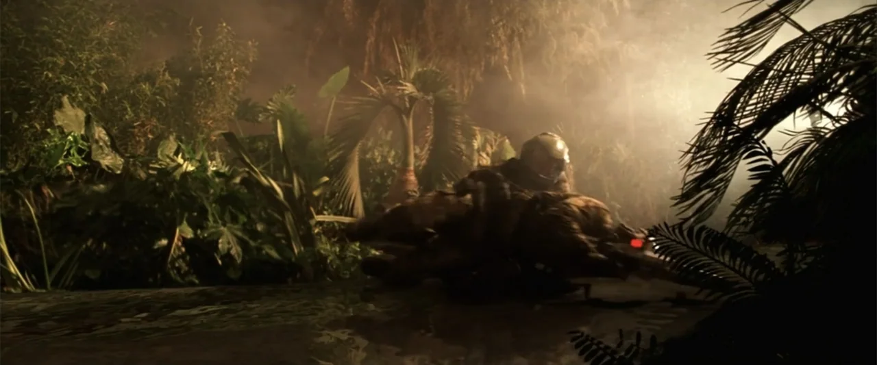 A Sound of Thunder (2005) movie still: medium — A dense, fog-filled jungle environment features thick palm leaves and heavy, overgrown vegetation. A…