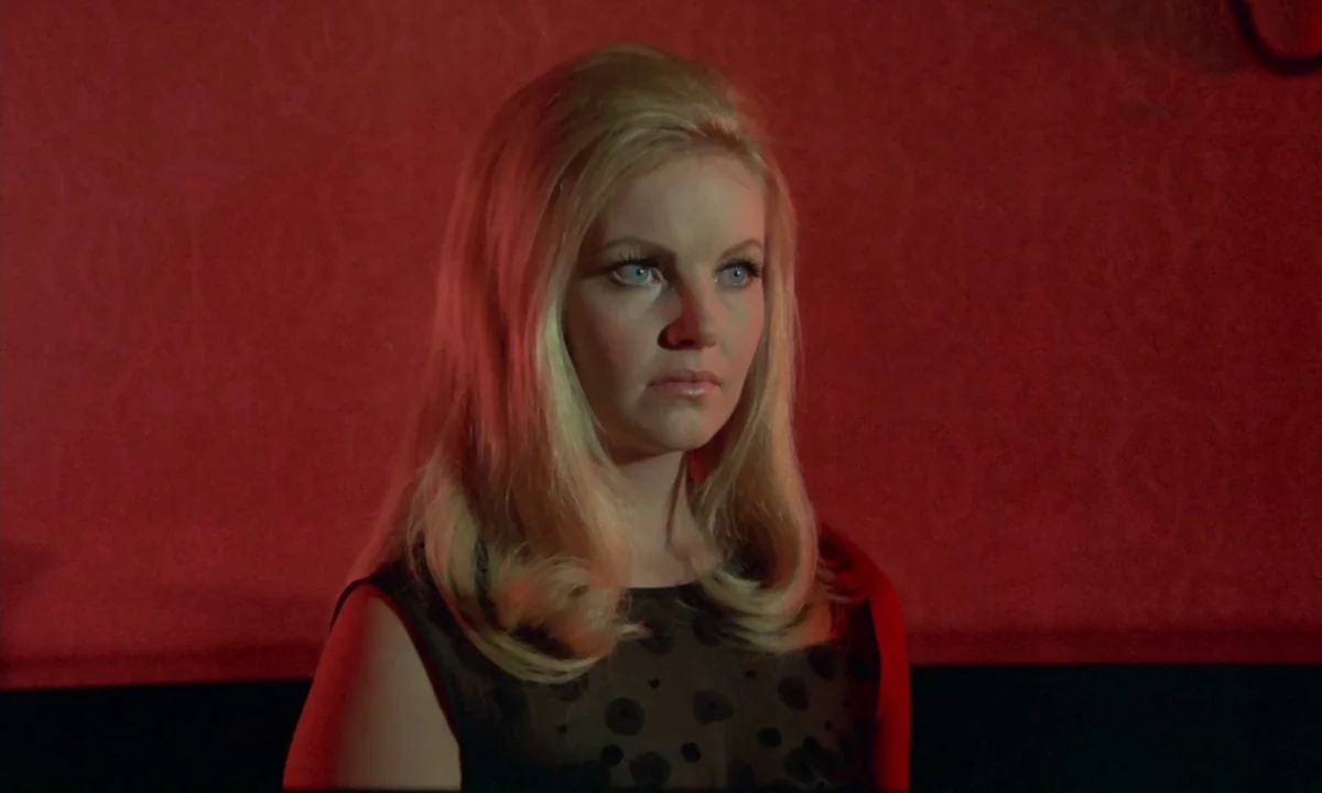 Vampyros Lesbos (1971) movie still: medium — A dark indoor setting features a plain wall with red textured wallpaper behind the subject. A…