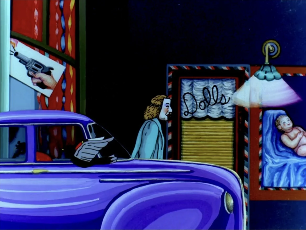 Asparagus (2007) movie still: medium — A 2D animated street at night features a purple car and a store window display. A man wearing a white mask…