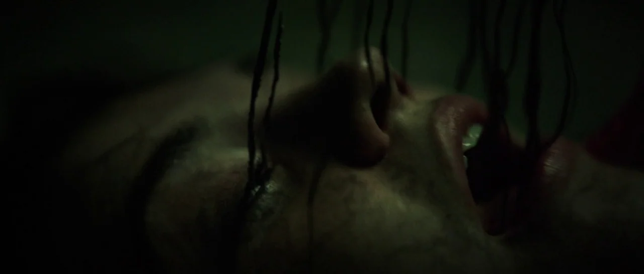 The Boogeyman (2023) movie still: closeup — A close-up of a human face in a dark, poorly lit environment. Dark tendrils protrude from the subject's…