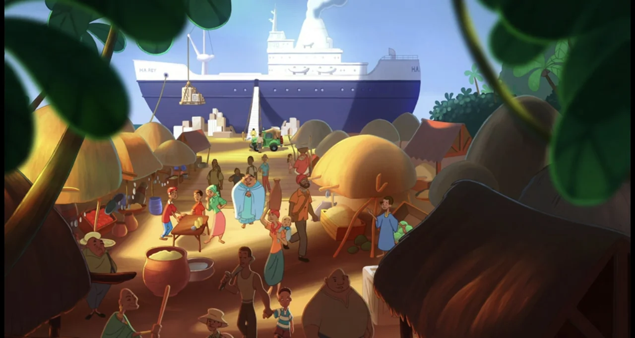 Curious George (2006) movie still: wide — A vibrant village marketplace sits at the base of a large blue cargo ship. Various people traverse the…