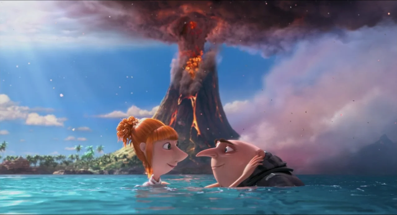 Despicable Me 2 (2013) movie still: medium — A calm tropical ocean expanse features a large erupting volcano with dark smoke clouds. A man and a…