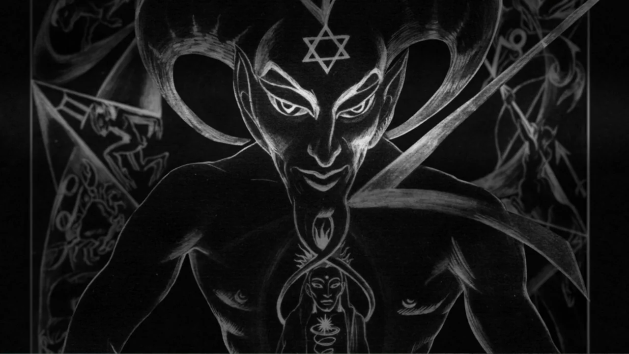 The Witch of Kings Cross (2020) movie still: medium — A stark black and white drawing features a large demonic entity with horns. The demon has a…