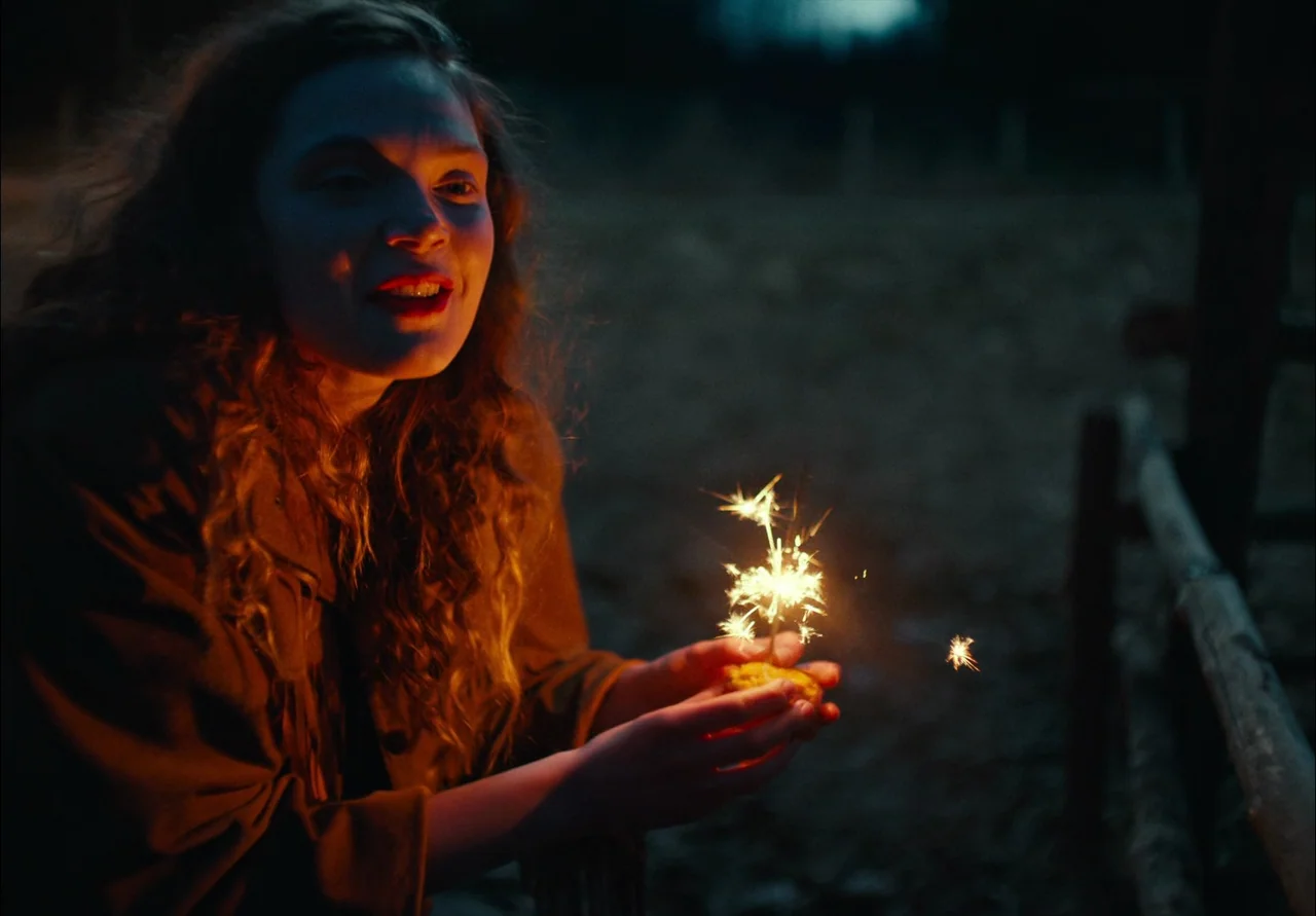 EO (2022) movie still: medium — A young woman stands outdoors at night near a rustic wooden fence structure. She holds a glowing sparkler in her…
