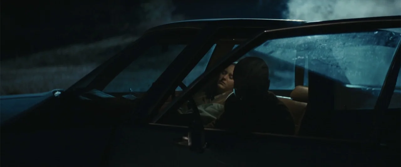 I'm Your Woman (2020) movie still: medium — A dark car interior at night shows two people in the front seats. The driver focuses ahead while the…