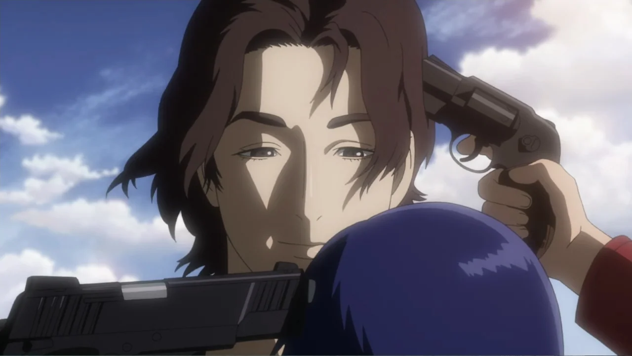 Ghost in the Shell: Arise - Border 3: Ghost Tears (2014) movie still: closeup — An outdoor area with a bright blue sky filled with scattered white…
