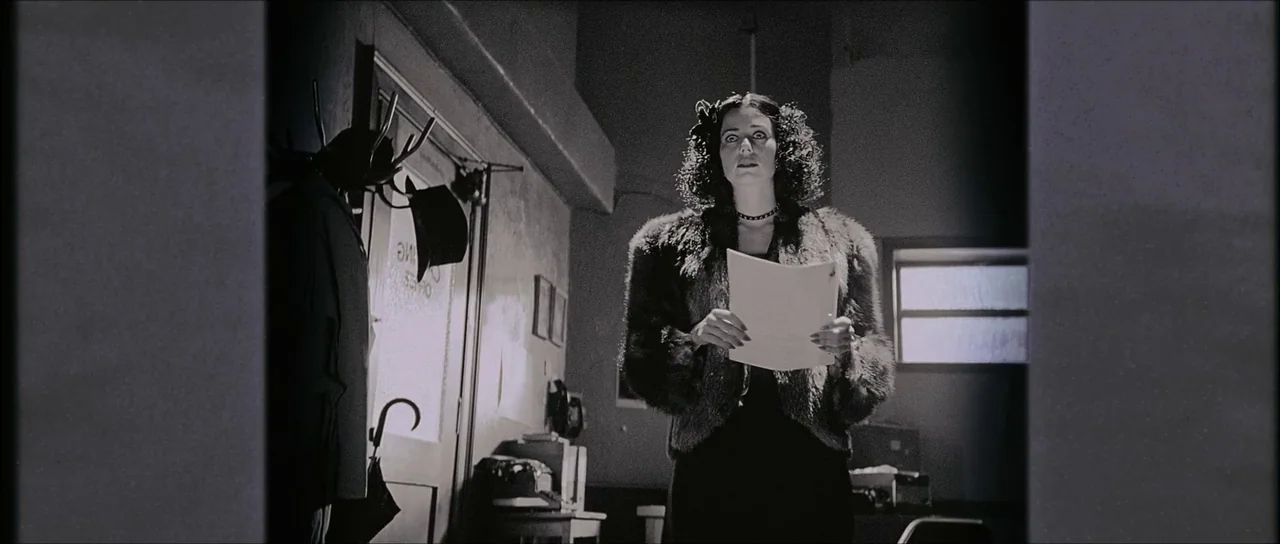 The Black Dahlia (2006) movie still: medium — A dimly lit room features a coat rack, a door with lettering, and desks. A woman in a dark fur coat…