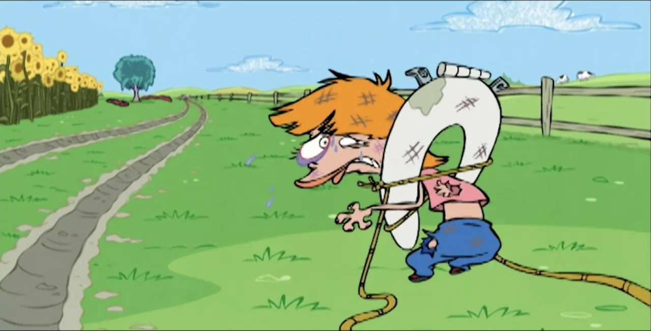 Ed, Edd n Eddy's Big Picture Show (2009) movie still: medium — A sunny grassy field with a dirt path and sunflowers in the distance. An animated boy…