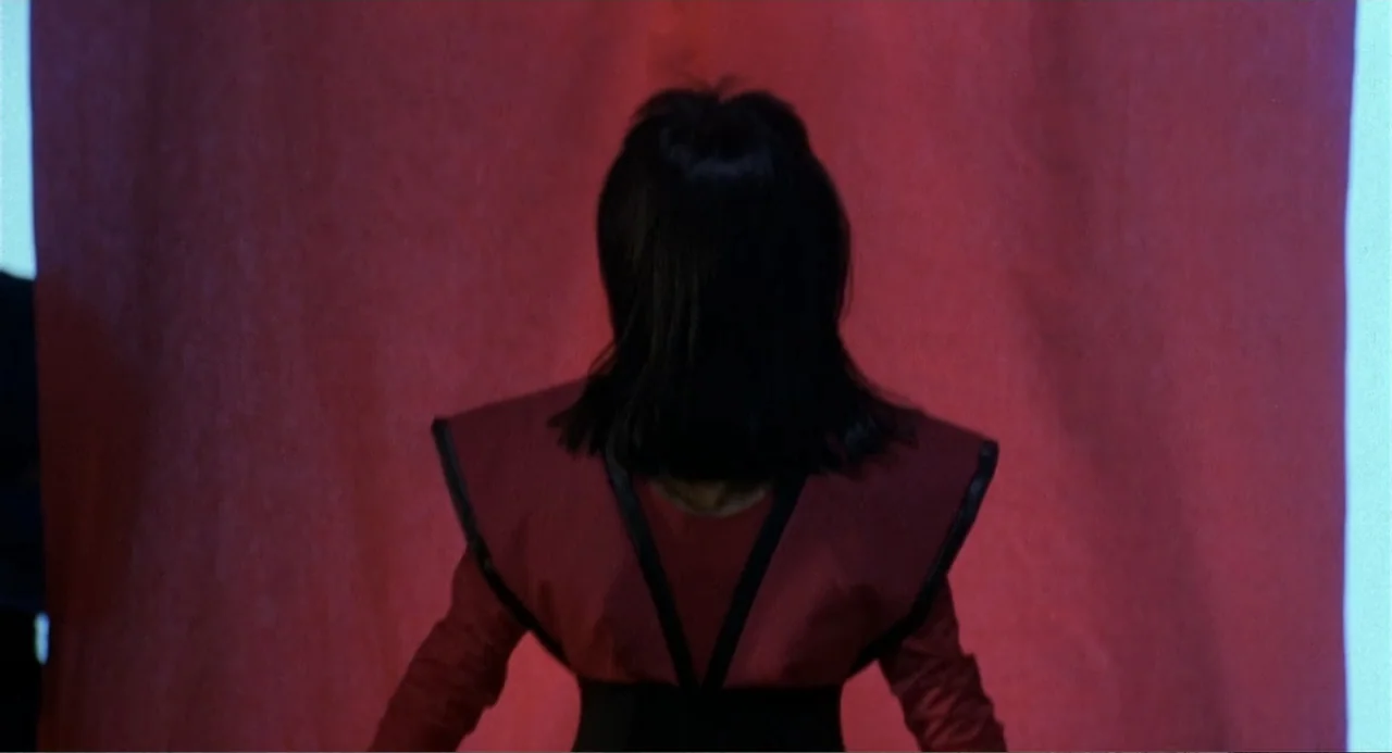 American Ninja 3: Blood Hunt (1989) movie still: medium — A person stands before a large, solid red backdrop in a brightly lit studio. The subject…