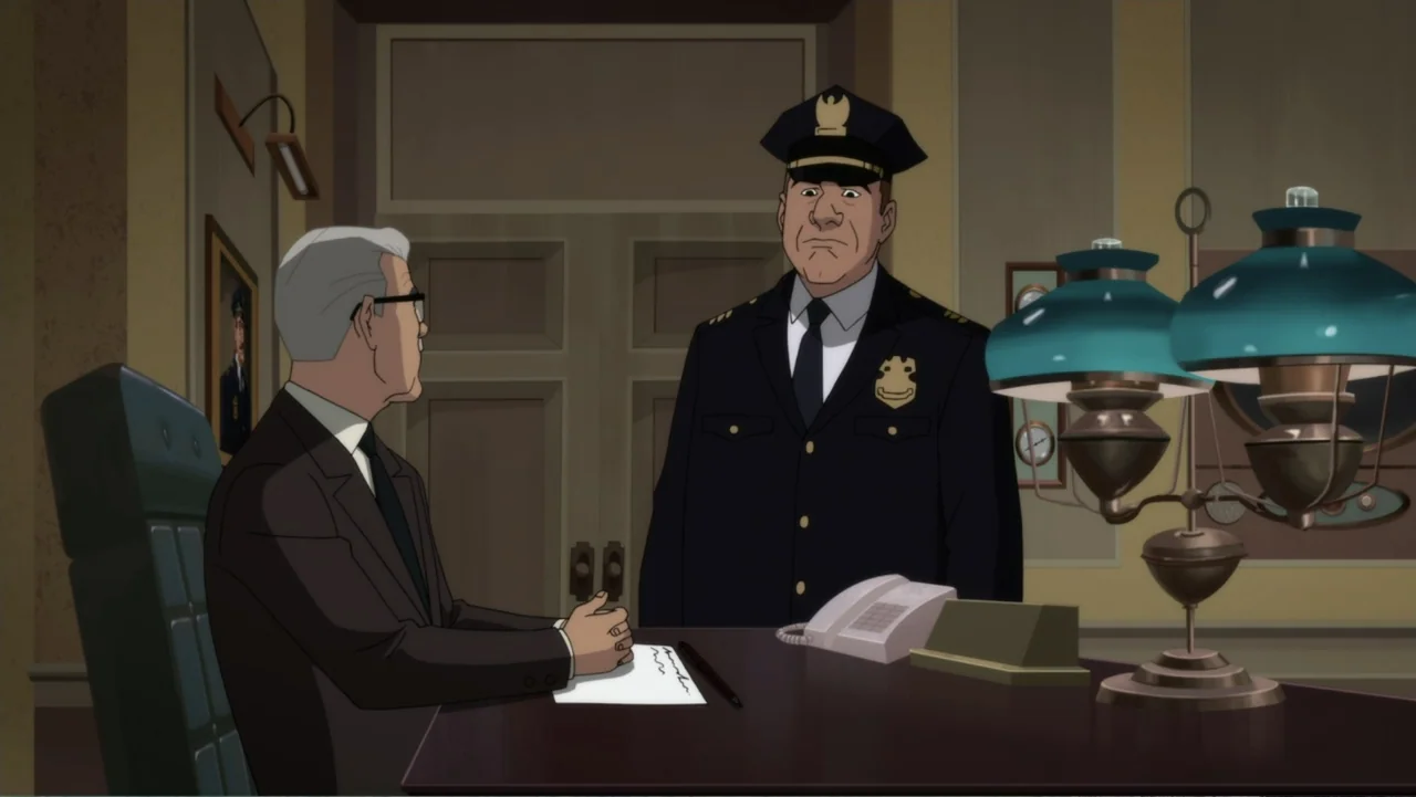 Batman: Return of the Caped Crusaders (2016) movie still: medium — A formal office space features wood paneling, a large desk, and a double door. An…