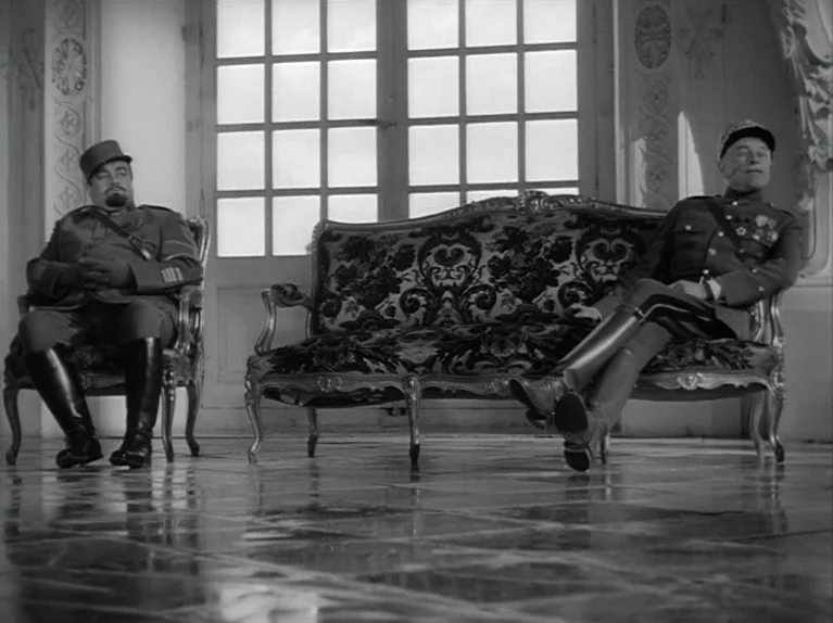 Paths of Glory (1957) movie still: wide — A spacious room features tiled floors, ornate wall moldings, and large paneled glass doors. Two men in…