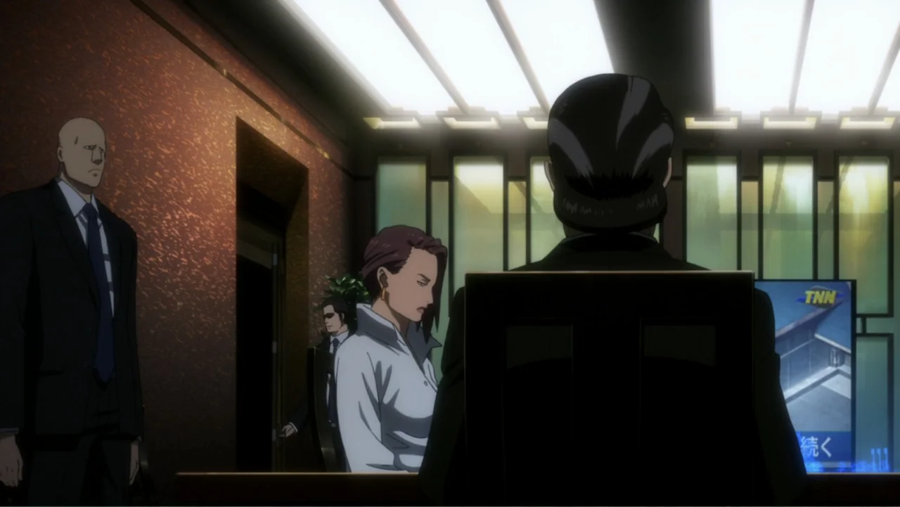 Ghost in the Shell: The New Movie (2015) movie still: medium — A dimly lit corporate boardroom with dark wood walls and large bright ceiling lights.…