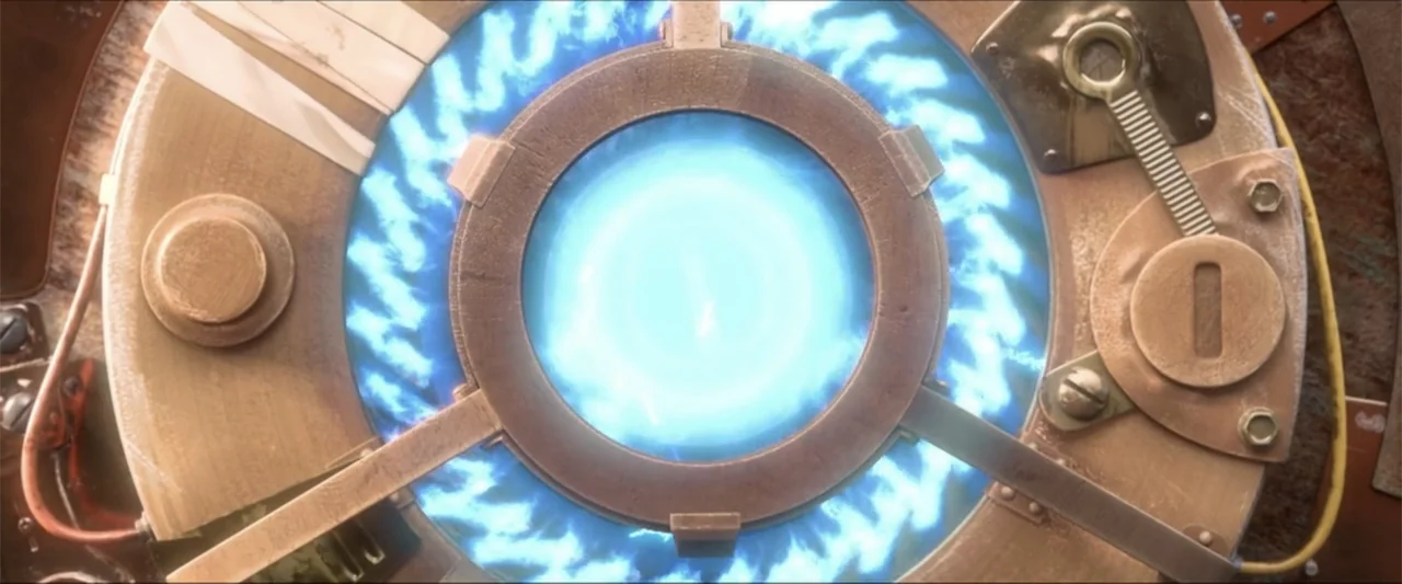 Boonie Bears: The Big Shrink (2018) movie still: closeup — A brass and copper mechanical aperture features a central glowing blue vortex. The…