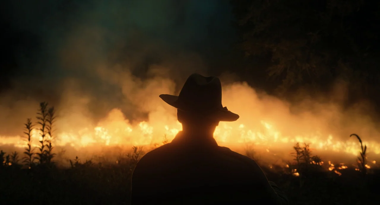 The Color Purple (2023) movie still: medium — A field at night is engulfed in flames and thick smoke. A person wearing a fedora stands in the…
