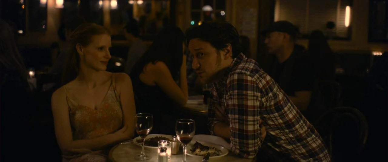 The Disappearance of Eleanor Rigby: Him (2014) movie still: medium — A dimly lit restaurant table holds half-eaten plates of food and wine glasses.…