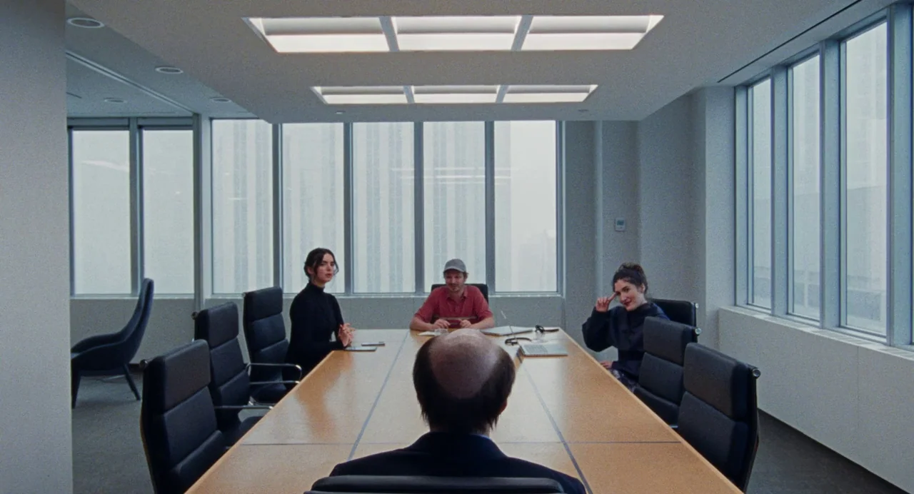 Dream Scenario (2023) movie still: wide — A modern corporate boardroom features floor-to-ceiling windows overlooking a dense cityscape. Three people…