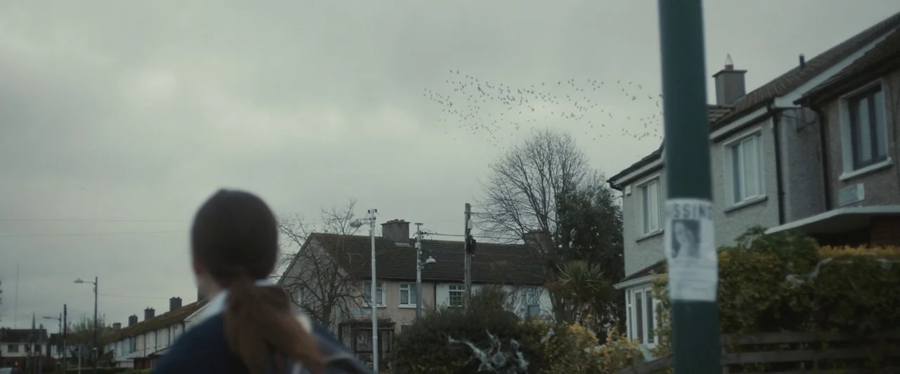 You Are Not My Mother (2021) movie still: medium — A residential street under a grey overcast sky with a row of detached houses. A teenage girl in a…