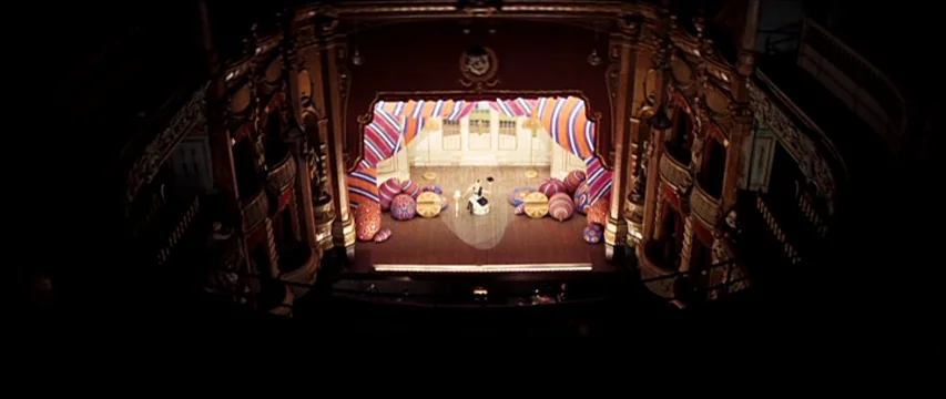 The Boy Friend (1971) movie still: wide — An ornate, multi-tiered theater interior features a wide proscenium arch with dark wood trim. A lone…