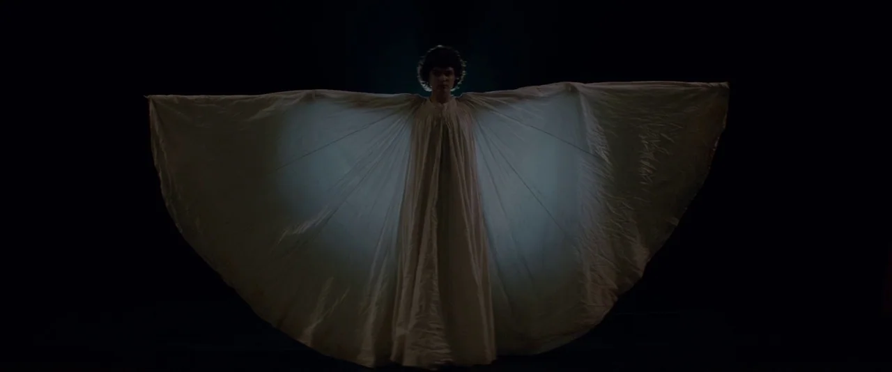 The Dancer movie still: fullbody — A figure stands in a dark, empty space against a black backdrop. The person wears a long white gown with fabric…
