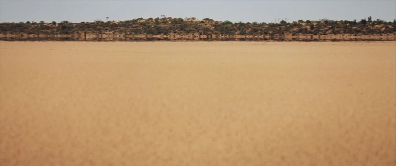Tracks (2013) movie still: establishing — A vast expanse of tan, sandy ground stretches toward a low, brush-covered ridge. The horizon line is clear…