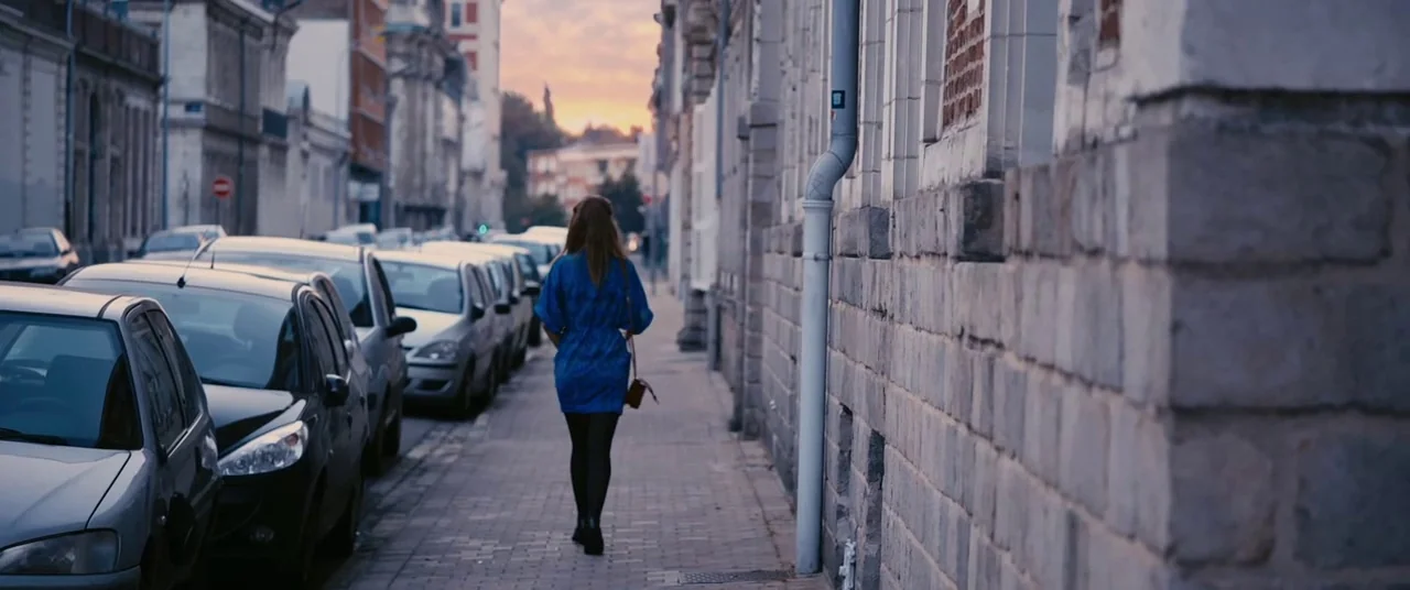 Blue Is The Warmest Colour (2013) movie still: fullbody — A narrow urban street is lined with parked cars and stone buildings at dusk. A woman in a…