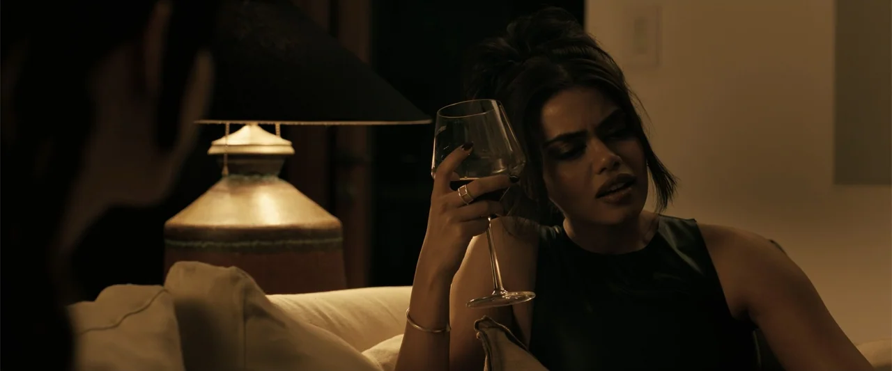 Companion (2025) movie still: medium — A dark living room with a table lamp and white sofa cushions. A woman holds a wine glass while conversing…