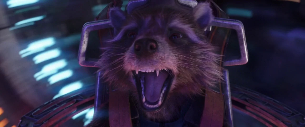 Avengers: Infinity War (2018) movie still: closeup — A high-tech cockpit interior is dimly lit by blue and purple holographic console lights. An…