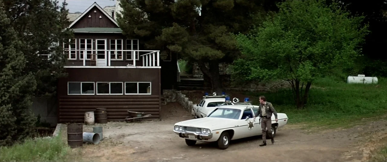 The Parallax View (1974) movie still: wide — A two-story dark wood structure sits beside a dirt drive in a wooded area. A sheriff in uniform exits a…
